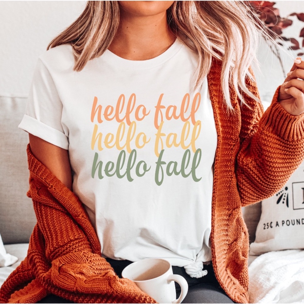 Boutique womens fall shirt Hello Fall White Graphic T-Shirt Autumn Tee Medium